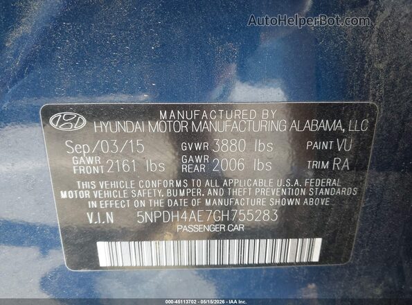 5NPDH4AE7GH755283 2016 HYUNDAI ELANTRA Blue Widok komory silnika
