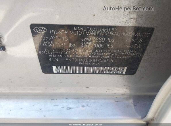 5NPDH4AE8GH705038 2016 HYUNDAI ELANTRA Silver 