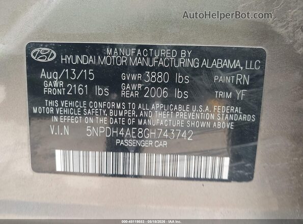 5NPDH4AE8GH743742 2016 HYUNDAI ELANTRA Brown Widok naklejki z numerem VIN