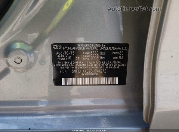 5NPDH4AE9GH741272 2016 HYUNDAI ELANTRA Серебряный Вид подкапотного пространства