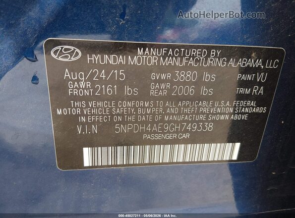 5NPDH4AE9GH749338 2016 HYUNDAI ELANTRA Blue 