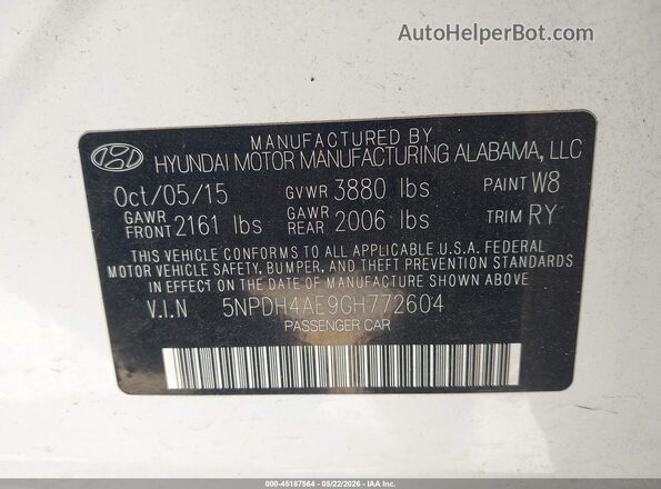 5NPDH4AE9GH772604 2016 HYUNDAI ELANTRA White Вид підкапотного простору