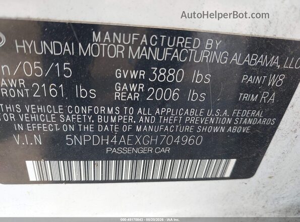 5NPDH4AEXGH704960 2016 HYUNDAI ELANTRA White 