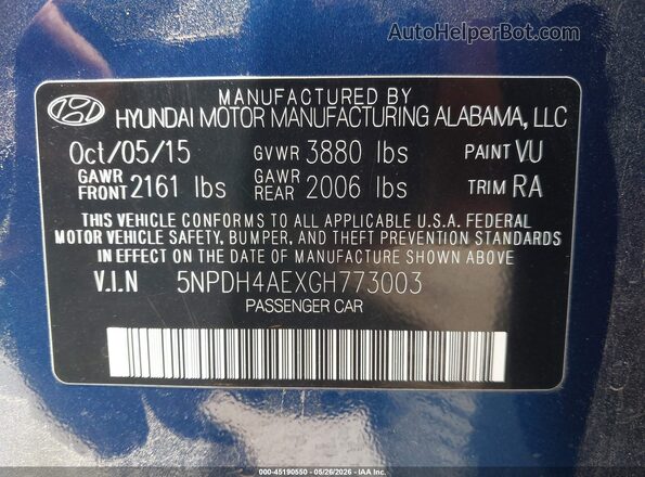 5NPDH4AEXGH773003 2016 HYUNDAI ELANTRA Blue Vista del compartimento del motor