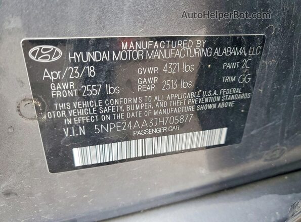 5NPE24AA3JH705877 2018 HYUNDAI SONATA Gray VIN կոդի պիտակի տեսք