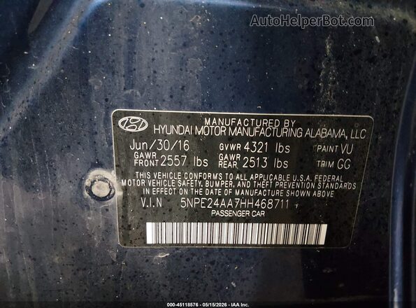 5NPE24AA7HH468711 2017 HYUNDAI SONATA Blue Vista del compartimento del motor