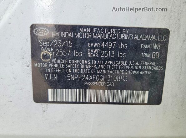 5NPE24AF0GH310883 2016 HYUNDAI SONATA White Vista de la etiqueta del VIN