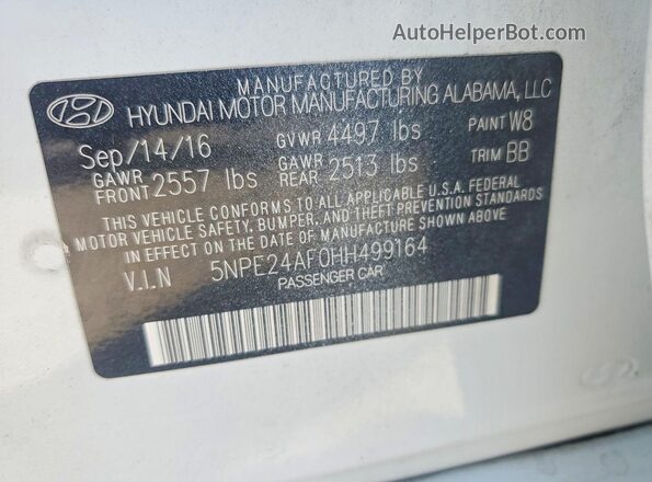 5NPE24AF0HH499164 2017 HYUNDAI SONATA White Vista del compartimento del motor