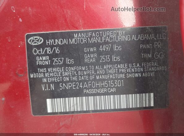 5NPE24AF0HH515301 2017 HYUNDAI SONATA Red Widok komory silnika