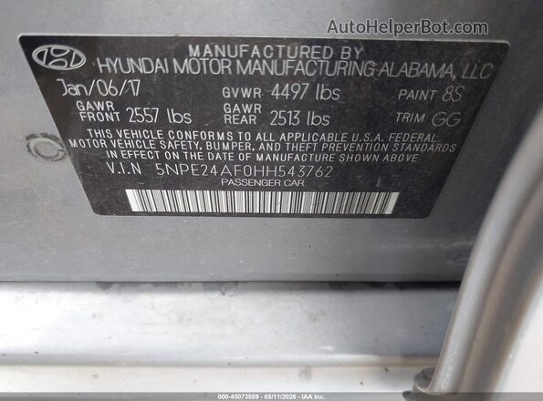 5NPE24AF0HH543762 2017 HYUNDAI SONATA Silver Widok komory silnika