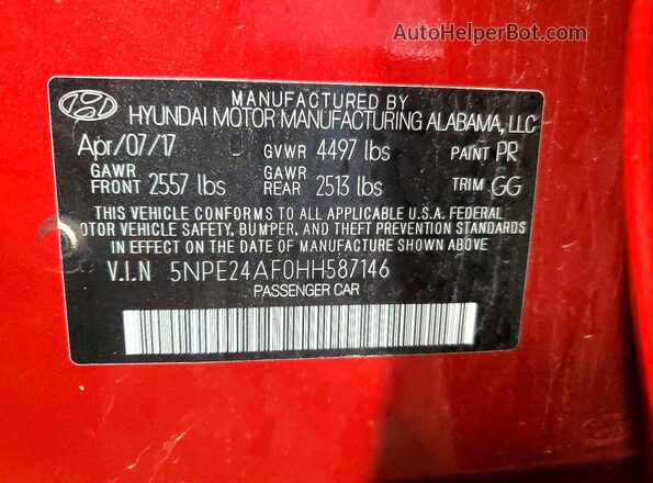 5NPE24AF0HH587146 2017 HYUNDAI SONATA Red 