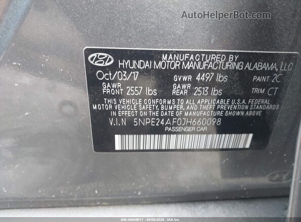 5NPE24AF0JH660098 2018 HYUNDAI SONATA Gray 