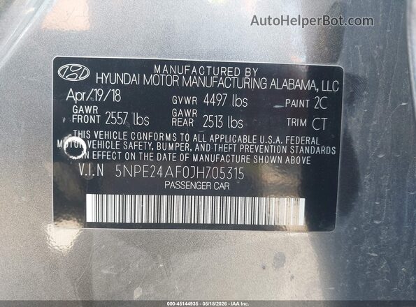 5NPE24AF0JH705315 2018 HYUNDAI SONATA Серый Вид подкапотного пространства