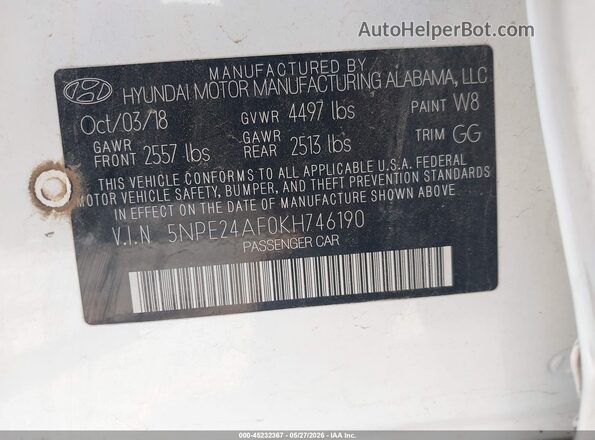 5NPE24AF0KH746190 2019 HYUNDAI SONATA White Вид підкапотного простору