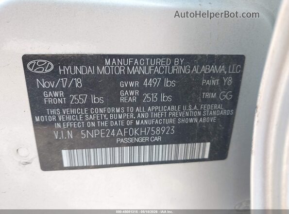 5NPE24AF0KH758923 2019 HYUNDAI SONATA Silver ძრავის განყოფილების ხედი