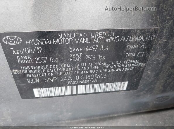 5NPE24AF0KH803603 2019 HYUNDAI SONATA Gray Vista del compartimento del motor