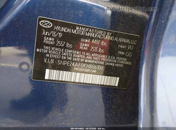 5NPE24AF0KH806100 2019 HYUNDAI SONATA Blue 