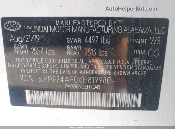 5NPE24AF0KH819980 2019 HYUNDAI SONATA White Widok komory silnika