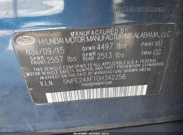 5NPE24AF1GH342256 2016 HYUNDAI SONATA Blue ძრავის განყოფილების ხედი