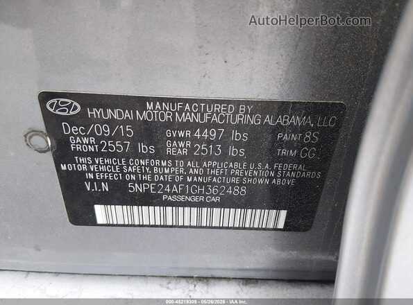 5NPE24AF1GH362488 2016 HYUNDAI SONATA Gray 