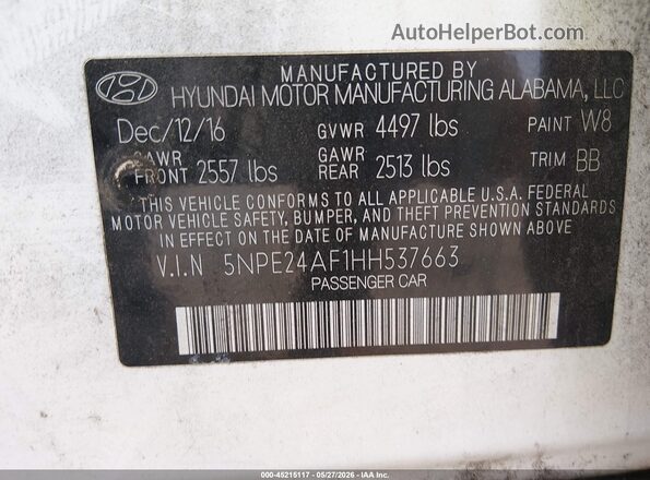 5NPE24AF1HH537663 2017 HYUNDAI SONATA White Vista del compartimento del motor