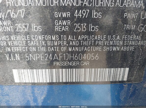 5NPE24AF1JH604056 2018 HYUNDAI SONATA Blue 