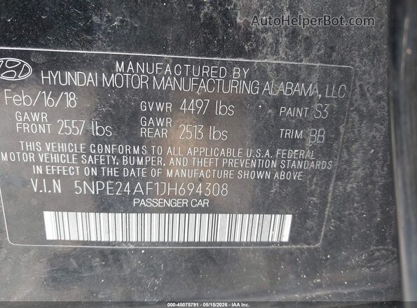 5NPE24AF1JH694308 2018 HYUNDAI SONATA Black Widok komory silnika