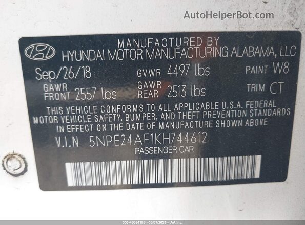 5NPE24AF1KH744612 2019 HYUNDAI SONATA White Vista del compartimento del motor