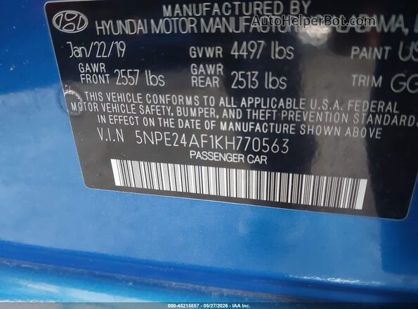 5NPE24AF1KH770563 2019 HYUNDAI SONATA Blue Շարժիչի բաժամունքի տեսք