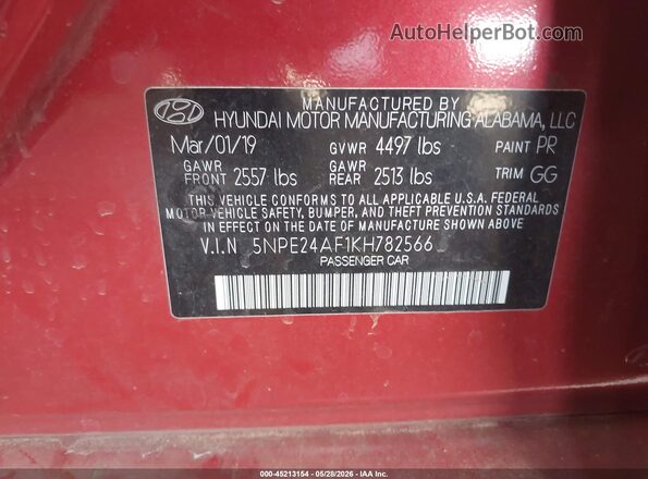5NPE24AF1KH782566 2019 HYUNDAI SONATA Red Engine compartment view