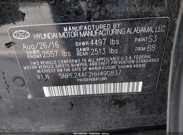 5NPE24AF2HH490837 2017 HYUNDAI SONATA Black Widok komory silnika