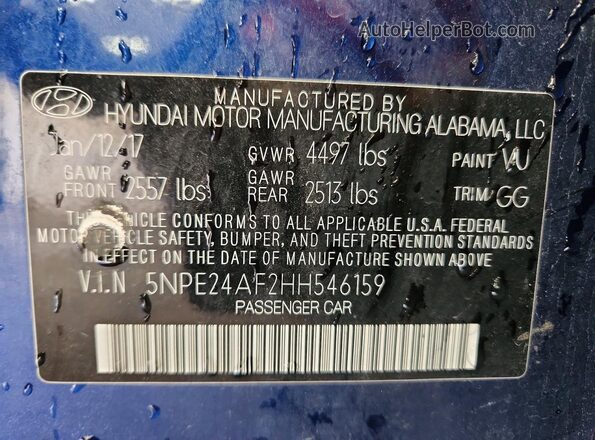 5NPE24AF2HH546159 2017 HYUNDAI SONATA Синий Вид подкапотного пространства