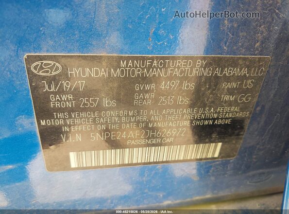 5NPE24AF2JH626972 2018 HYUNDAI SONATA Blue Vista del compartimento del motor