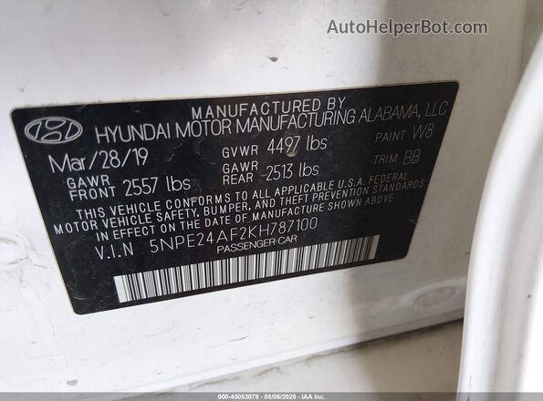 5NPE24AF2KH787100 2019 HYUNDAI SONATA White Շարժիչի բաժամունքի տեսք