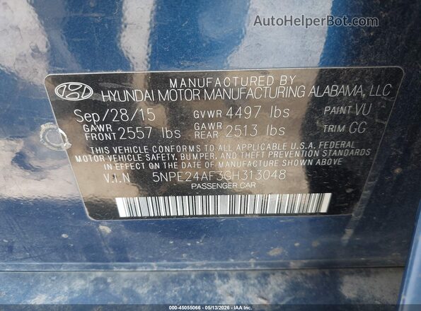 5NPE24AF3GH313048 2016 HYUNDAI SONATA Blue Widok komory silnika