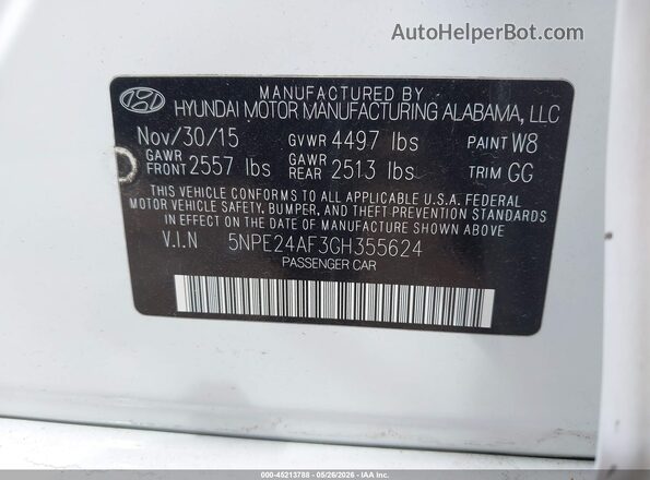 5NPE24AF3GH355624 2016 HYUNDAI SONATA White 