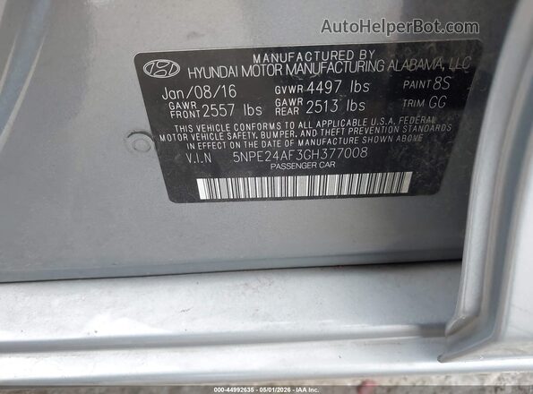 5NPE24AF3GH377008 2016 HYUNDAI SONATA Silver 