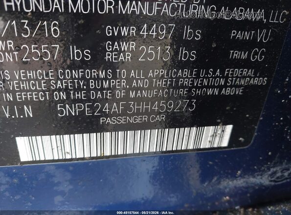 5NPE24AF3HH459273 2017 HYUNDAI SONATA Dark Blue 
