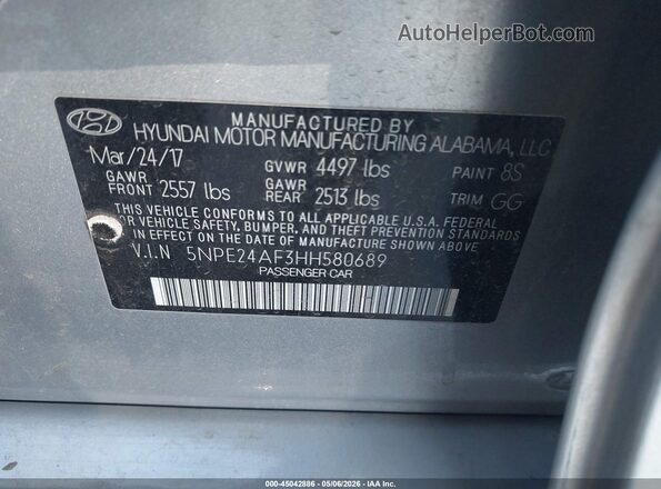 5NPE24AF3HH580689 2017 HYUNDAI SONATA Silver Engine compartment view