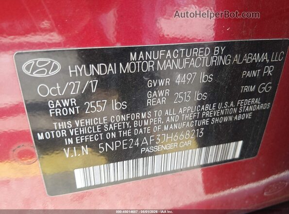5NPE24AF3JH668213 2018 HYUNDAI SONATA Red Vista del compartimento del motor