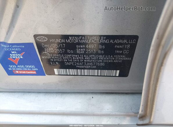 5NPE24AF3JH677686 2018 HYUNDAI SONATA Серебряный Вид подкапотного пространства