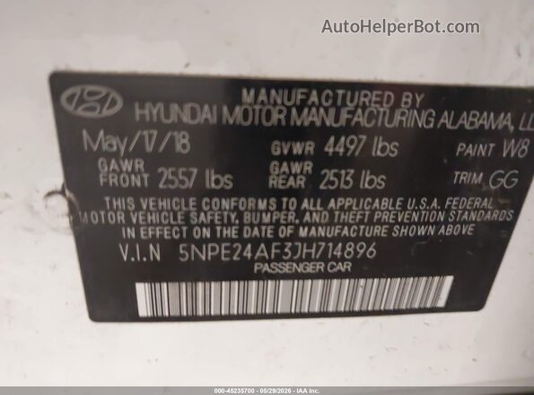 5NPE24AF3JH714896 2018 HYUNDAI SONATA White ძრავის განყოფილების ხედი