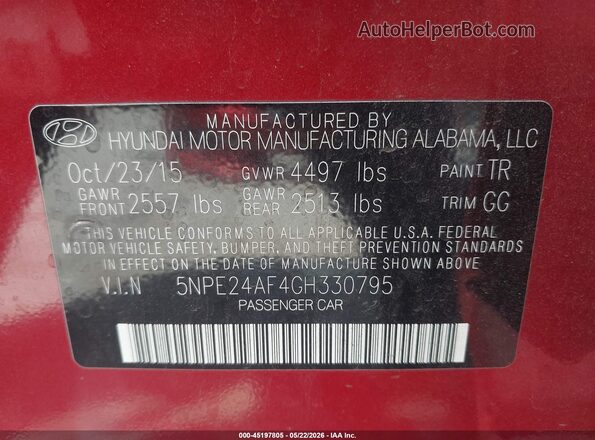 5NPE24AF4GH330795 2016 HYUNDAI SONATA Burgundy 