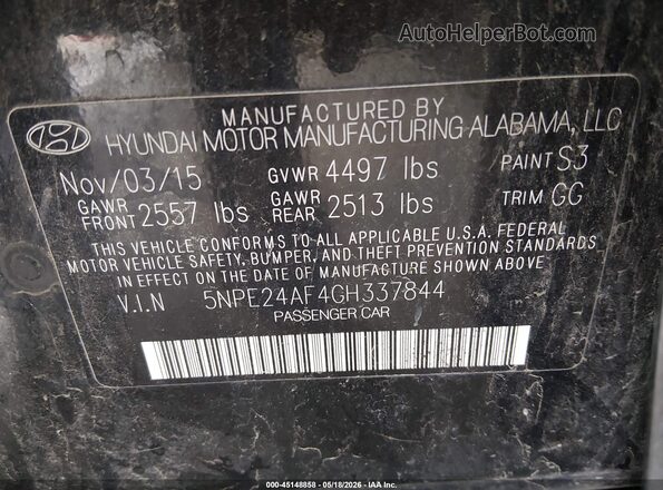 5NPE24AF4GH337844 2016 HYUNDAI SONATA Black Вид підкапотного простору