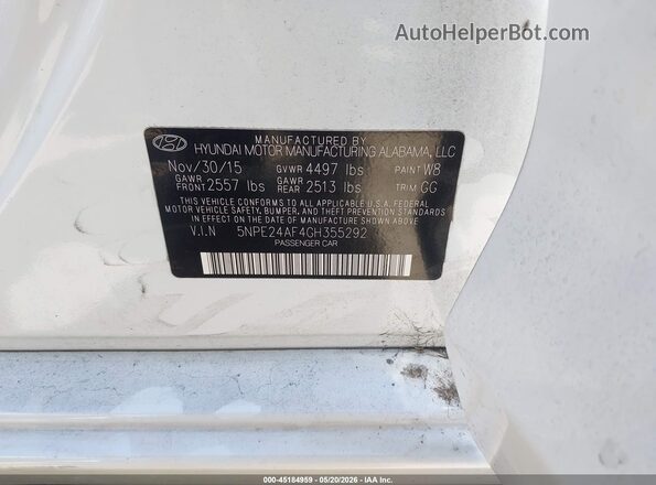 5NPE24AF4GH355292 2016 HYUNDAI SONATA White Vista del compartimento del motor