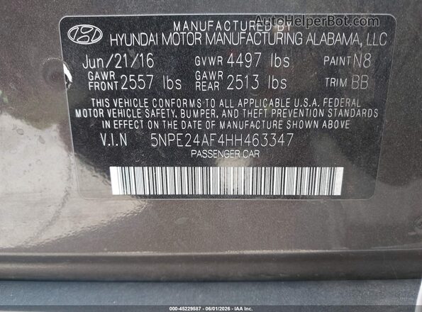 5NPE24AF4HH463347 2017 HYUNDAI SONATA Gray Engine compartment view