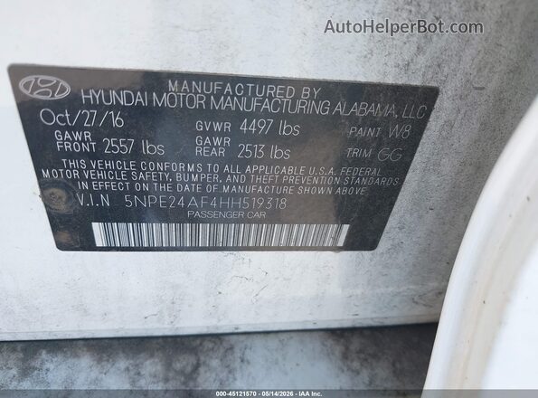 5NPE24AF4HH519318 2017 HYUNDAI SONATA White 