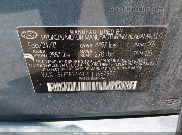 5NPE24AF4HH567577 2017 HYUNDAI SONATA Light Blue ძრავის განყოფილების ხედი