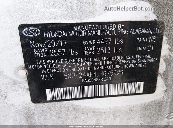 5NPE24AF4JH675929 2018 HYUNDAI SONATA White Engine compartment view