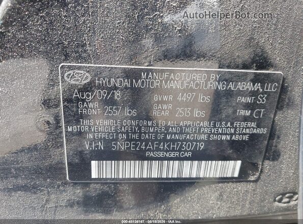 5NPE24AF4KH730719 2019 HYUNDAI SONATA Black Engine compartment view